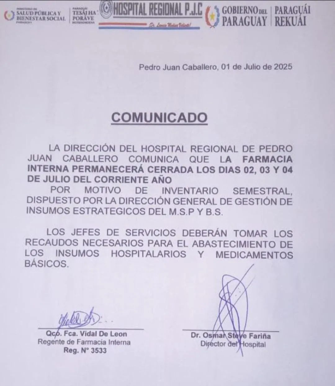 Farmacia de nuestro hospital estará cerrado por 3 días