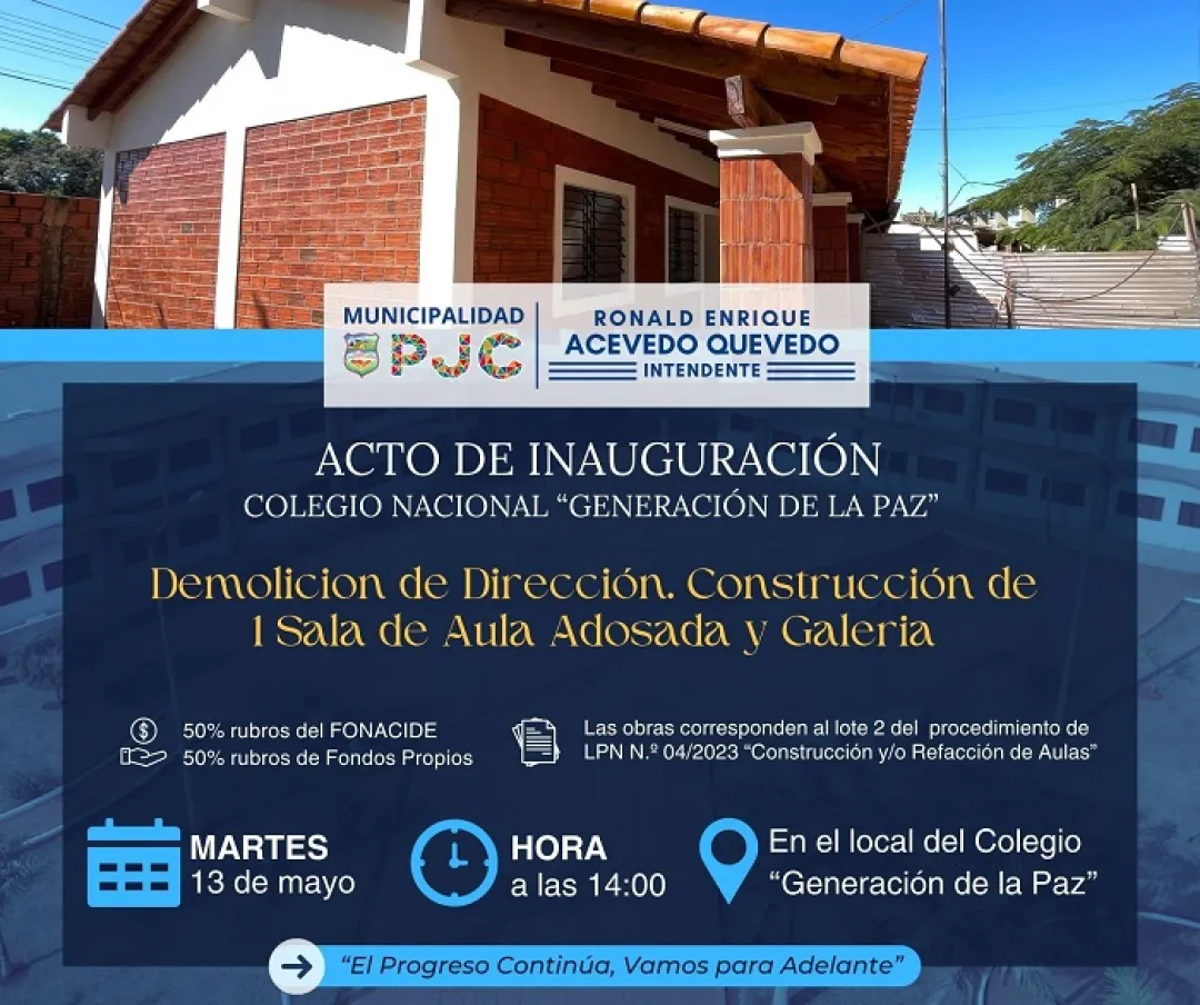 Municipalidad de Pedro Juan Caballero inaugura mañana construcción de aula en institución educativa